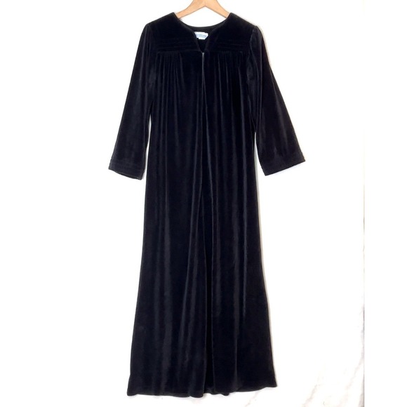 Vtg Black Velour Lounge Maxi Dress 70s Witchy Dark Romantic Made USA L Lagenlook - Picture 2 of 10